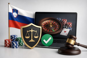 Simbol zakonitega spletnega igranja na srečo v Sloveniji z licenco, zaščito igralca in casino elementi brez besedila